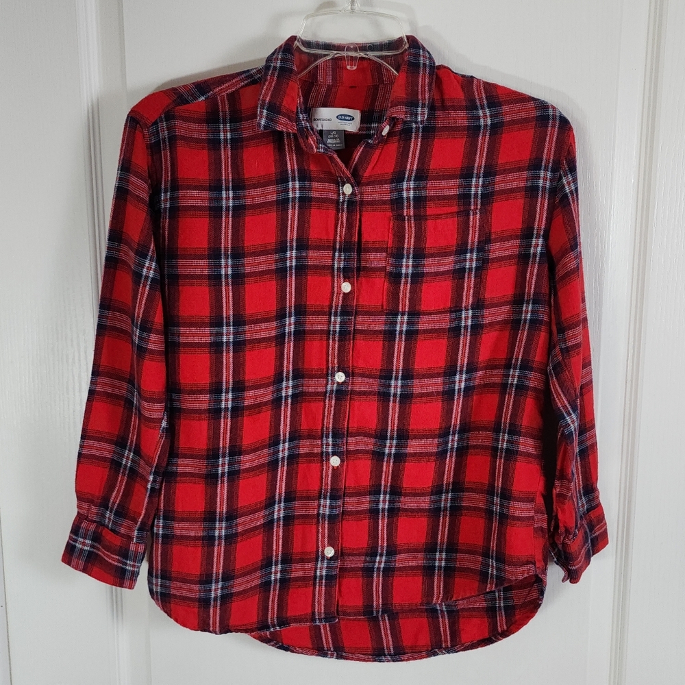 Girls Old Navy Boyfriend Plaid Button Shirt Size Large 10-12 Red Blue